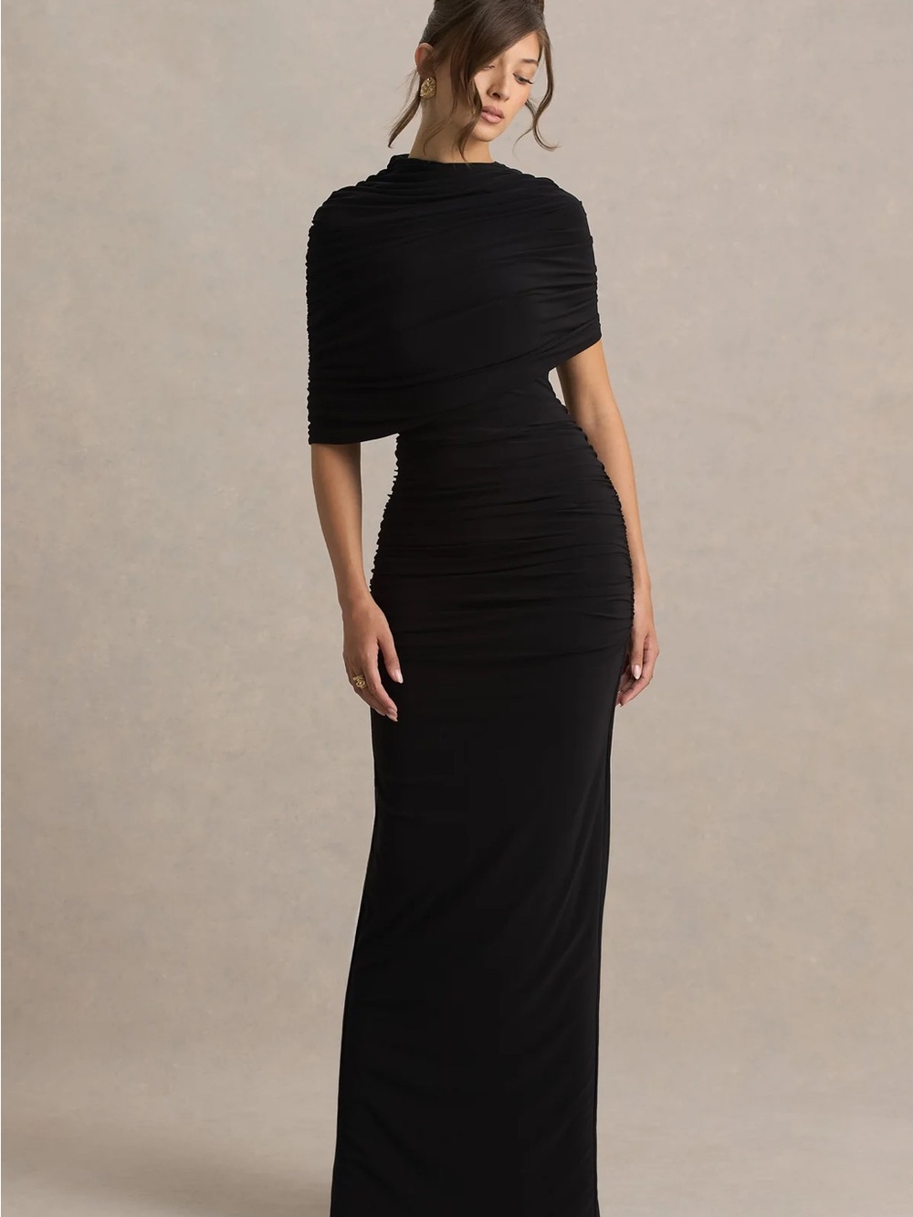 Black One-Shoulder Ruched Maxi Dress